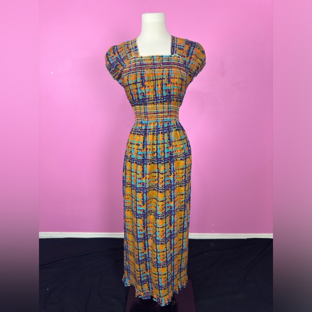 Vintage 1970s Multicolor Abstract Puff Sleeve Maxi Dress Gathered Bust Smocking